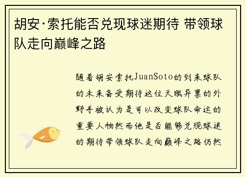 胡安·索托能否兑现球迷期待 带领球队走向巅峰之路