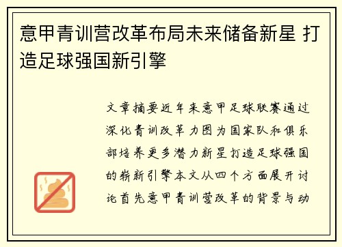 意甲青训营改革布局未来储备新星 打造足球强国新引擎